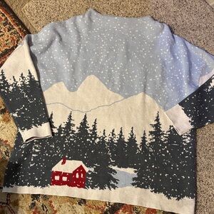 Winter Scene Sweater with Red Cabin